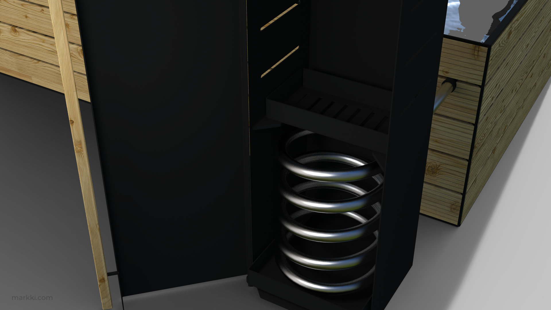 and the water heater doubles as outdoor fireplace, oven, BBQ and smoker.