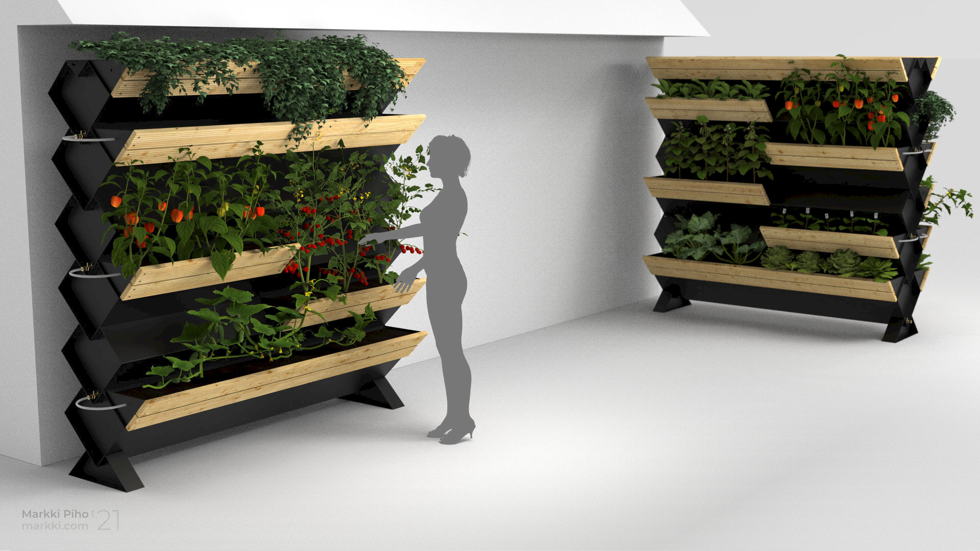 One module can hold ca. 200 liters, so 2.4 meters high mini garden with 6 modules holds 1200 liters of water. This kind of large water volume stabilizes microclimate for plants and allows automatic watering for a long time.